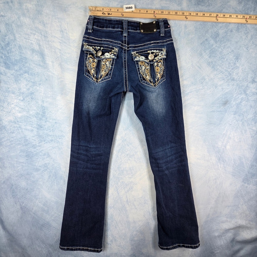 Wired Heart Womens Embroidered Wing Flap Pocket Dark Wash Bootcut Jeans Size 10